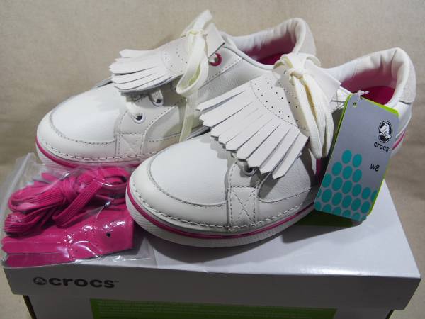 未使用 crocs クロックス ゴルフ シューズ ｗ8 白×ピンク 24cm