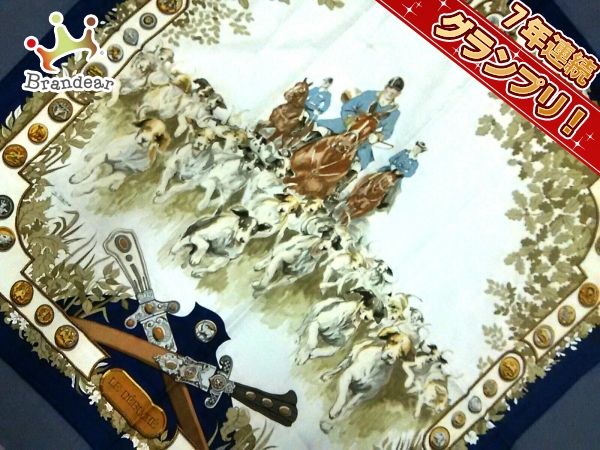 エルメス スカーフ カレ アイボリー×ネイビー×カーキ HERMES