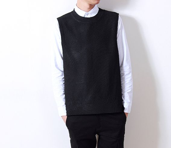 新作 欧米風人気品丸首　袖なし　ニットベスト黒XL メン