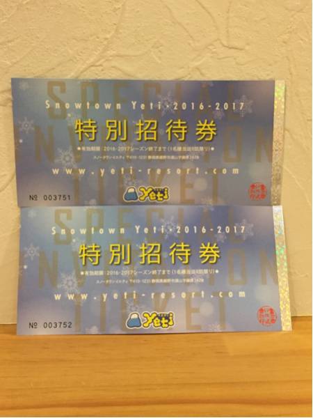 送料無料 スノータウンイエティ16-17特別招待券2枚セット