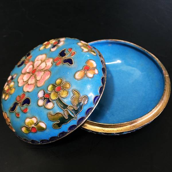 香合 小物入れ 中国 蓋物 七宝 牡丹画 鳩居堂製 花紋 お茶道具 古美術 