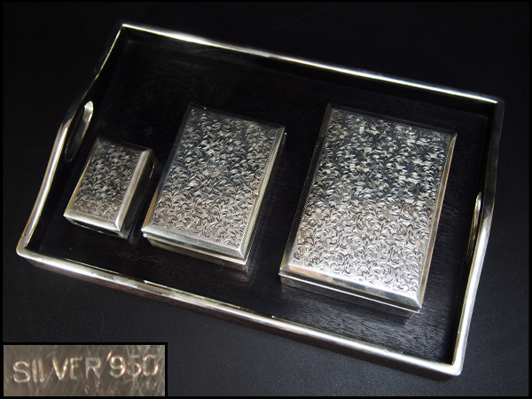 治】純銀製(SILVER950) 内唐木精巧唐草彫煙草具一式☆HP851 □旧日本