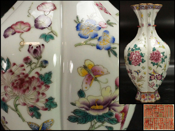 中国美術粉彩花鳥紋乾隆款瓶旧家蔵出(U930) 美しさの価値とは?清朝粉彩