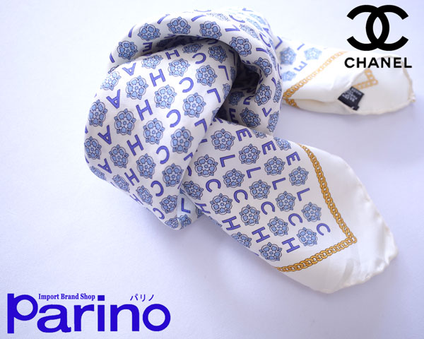 用途色々♪シャネル CHANEL ミニシルクスカーフ 白青ゴールド