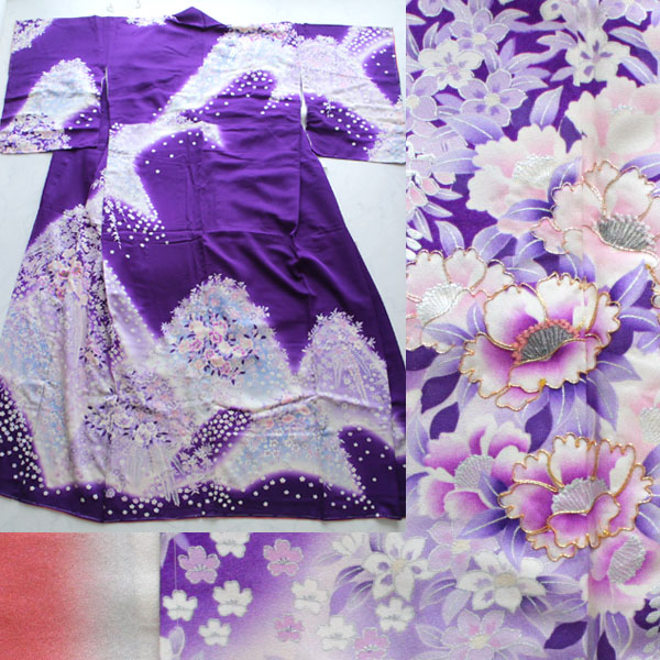 美品 正絹 友禅染め訪問着 振袖仕立て直し 紫古典柄