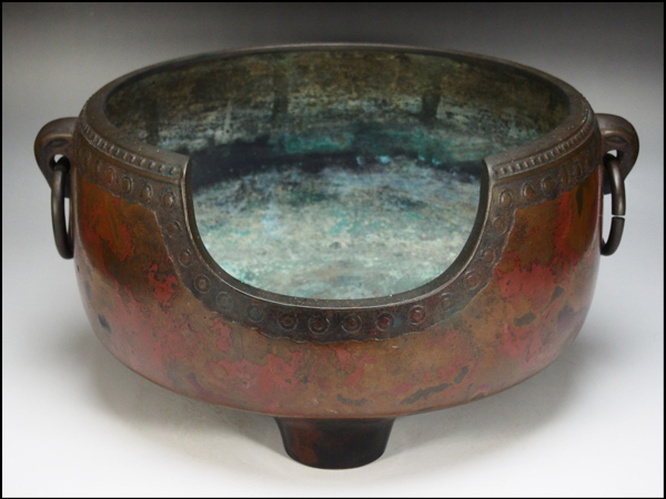 【治】時代斑紫銅製 累座紋彫鐶耳面取風炉☆瓶掛 茶道具 HR21