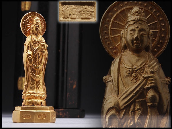 AK360 純金観音菩薩像・純金觀音立像 革張佛龕/厨子☆佛像仏像