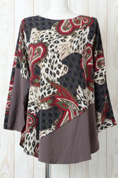 美品 詩仙堂 ちりめん素材/ペイズリー＆ヒョウ柄長袖ブラウス 紫×ベージュ vw891