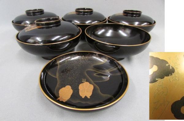 【古輪島塗　本金高砂紋様蒔絵椀】五客　吸物椀　煮物椀等　木製本漆塗　