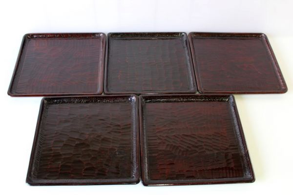KT145 古い御膳5枚まとめて お盆 四角 ■鎌倉彫/工芸品/漆