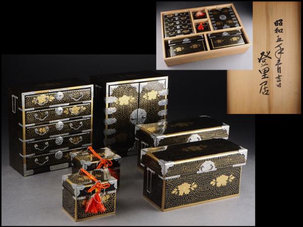 夢工房】古い雛道具 蒔絵四ツ揃 昭和五年（1930年）箱入