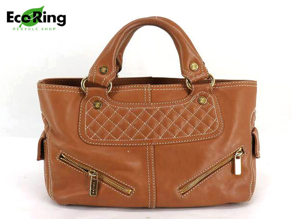 1円 セリーヌ ブギー レザー ハンドバッグ ブラウン CQ764