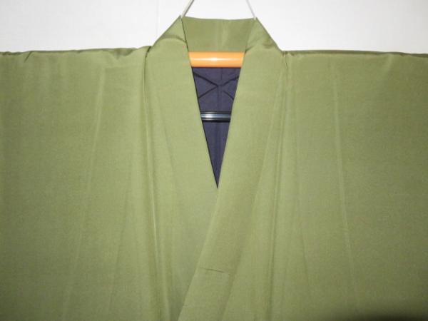 壱0834 本絹色羽二重男着物 裄68丈141К抹茶鶯色・色無地 絶品