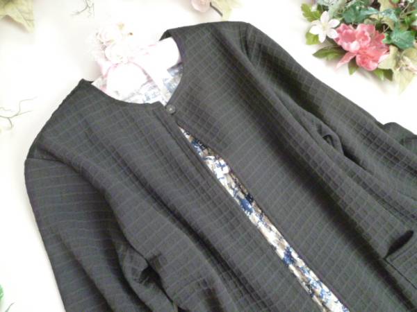 ３/４Ｌ【新品】シンプルデザイン・ワッフル柄*ノーカラー・ライトコート*黒◆fit1027◆
