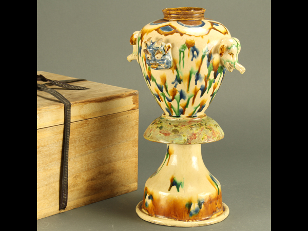 【琴》中国古玩 唐三彩偏壺 時代唐物 AW800