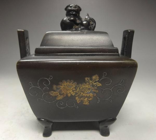緑屋*南□香炉 象嵌唐草桐葉模様 鼎形香炉 銅製 箱
