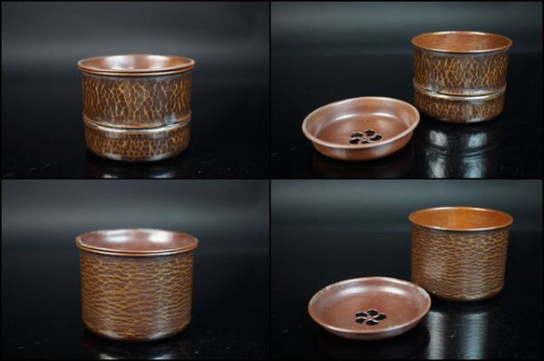 【五山】銅鎚目竹節形蓋付建水　他計二点　ｎ-117