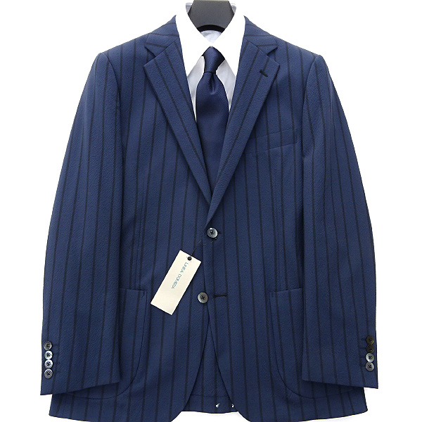 新品 レナウン LINEA DOMIZIA 春夏COOL MAX素材シアサッカージャケットLL紺黒★J27892