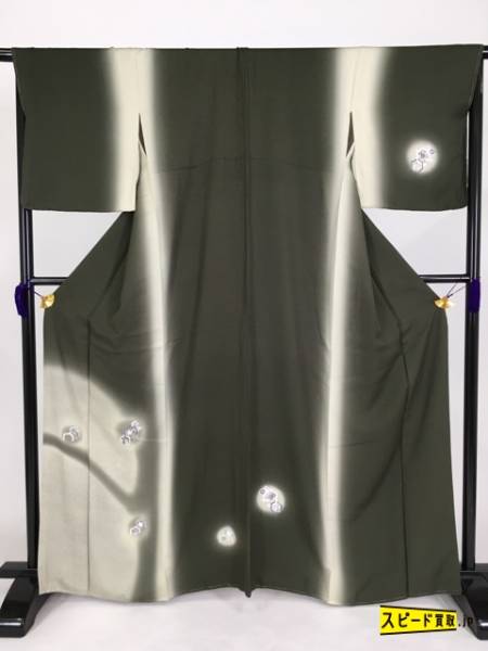 スピ買■ 着物 1円 付下げ 深緑 草花文 ぼかし 鹿の子風 正絹 袷（10月～5月） 165cm Mサイズ 名品