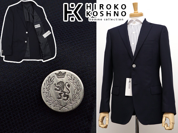 ヒロココシノ【新品/A6】春夏ネイビーブレザー（ジャケット/コンブレ）シルク混の上質生地 美しいメタルボタン HIROKO KOSHINO【A6】