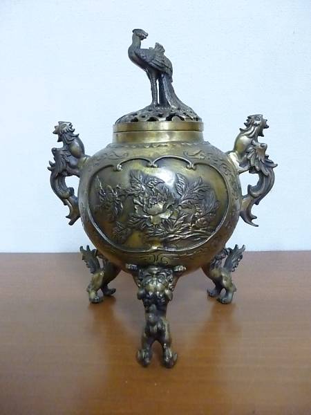 香炉 獅子 三足 大明宣徳年製 古銅 銅製 獅子蓋 香道具 双