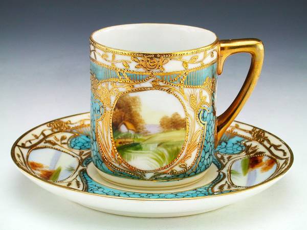 美術品/アンティーク オールドノリタケ 金盛上 河畔風景紋図両耳飾り大鉢