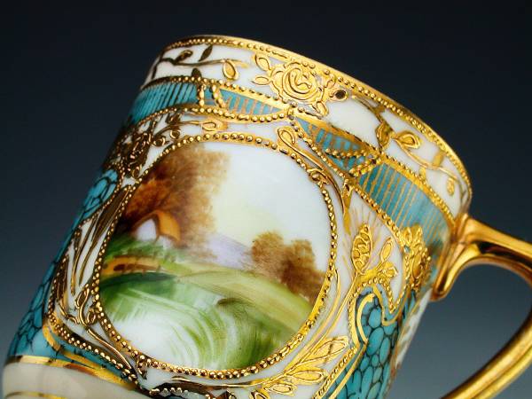 オールドノリタケ 金盛上 河畔風景紋図両耳飾り大鉢 オールドノリタケ