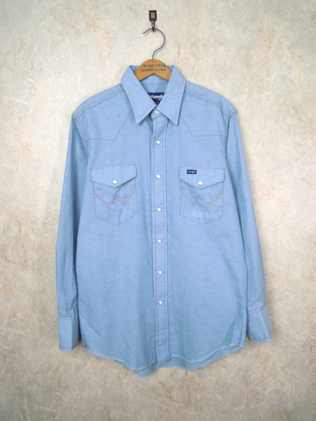 USA製 80's ラングラー 長袖シャンブレーシャツ●ビンテージ/15 1/2/実寸Lサイズ/薄手/アメリカ古着/水色/Wrangler