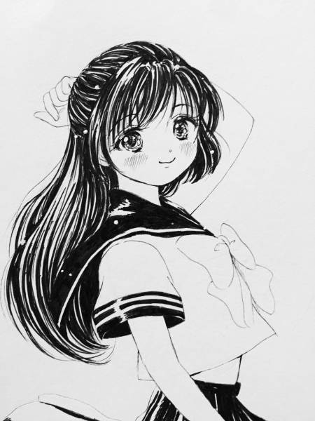 オリジナル手描きイラスト ひらりセーラー服女子中学生 黒髪ロング