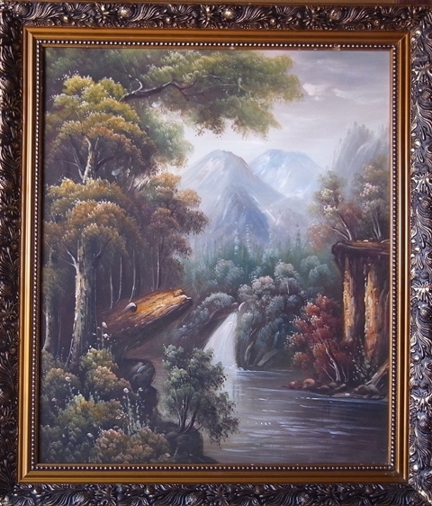 Valley waterfall 風景画 油彩画 額縁 肉筆 Valley waterfall 風景画
