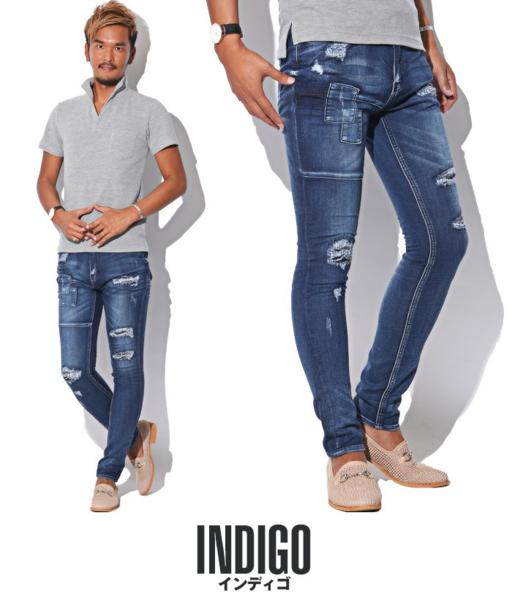 6468-インディゴ-S○■新品ダメージカットデニムスキニー★ 細身