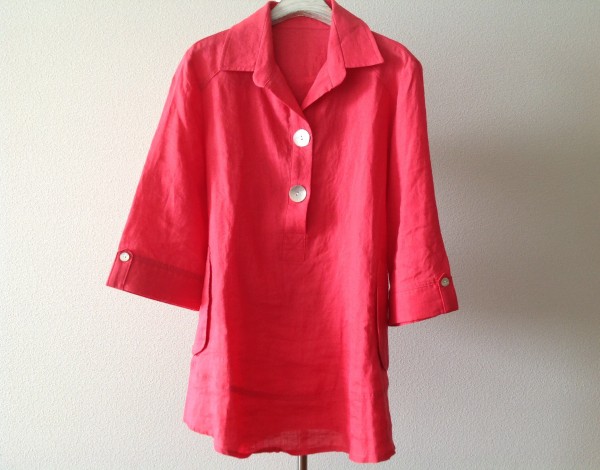 ACROSS ／麻100％　七部袖　ロング丈プルオーバー／コーラルピンク　L　極美品　　