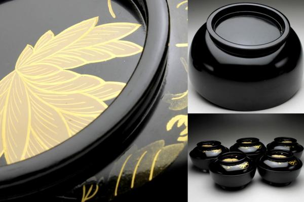 【余韻】 輪島塗 天然木製 竹梅文金蒔絵付 吸物椀揃（5客）★時代物