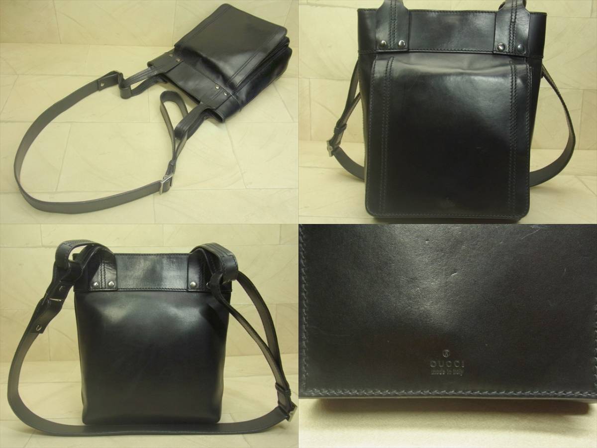 希少☆GUCCI グッチ ロゴ刻印 レザー ショルダー バッグ ブラック 斜め 