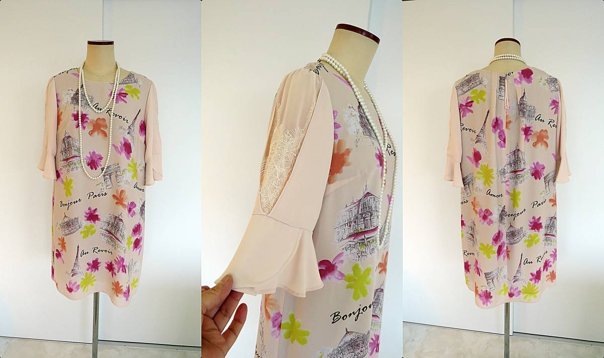 新品◆Rose　Tiara◆大きなサイズ46◆パリ風景プリントチュニックワンピース/ピンク◆綺麗♪ローズティアラ