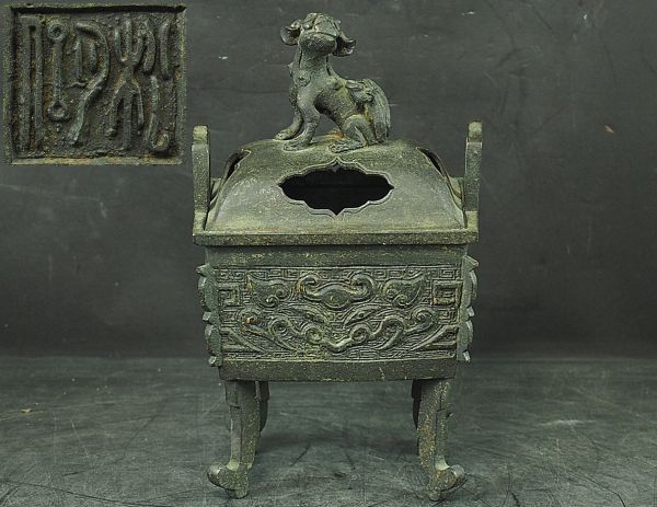 中国古玩 香炉 銅製 獅子摘 香道具 時代物 古銅 古美術品 龍耳獣