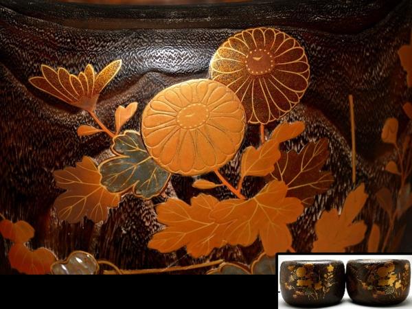 花蝶図 金縁蒔絵 桐製 草花紋 金蒔絵 伊達 [桐鳳凰図] 椀 時代□蔵出し 