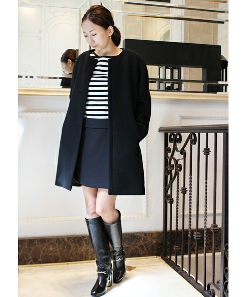 美品Deuxieme Classeノーカラーコート ウールビーバー トラペーズ コート ウールビーバートラペーズコート黒ブラック