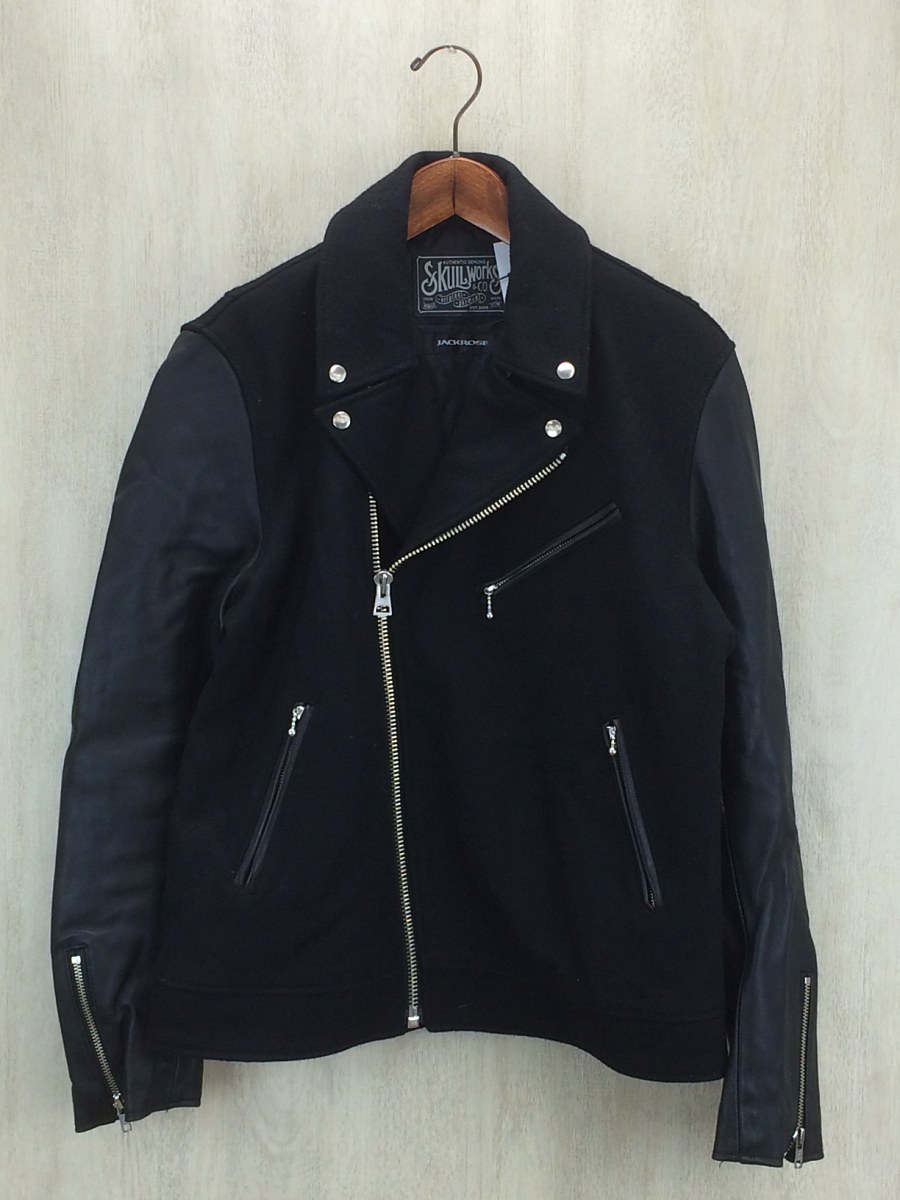 SKULL WORKS◆レザースリーブダブルライダースジャケット/XL/ウール/ブラック/武田好誠モデル/スカルワークス