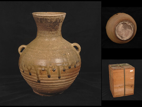 ■立派な造形！灰釉双耳大壺　前漢～後漢時代　高さ26㎝■ bi3