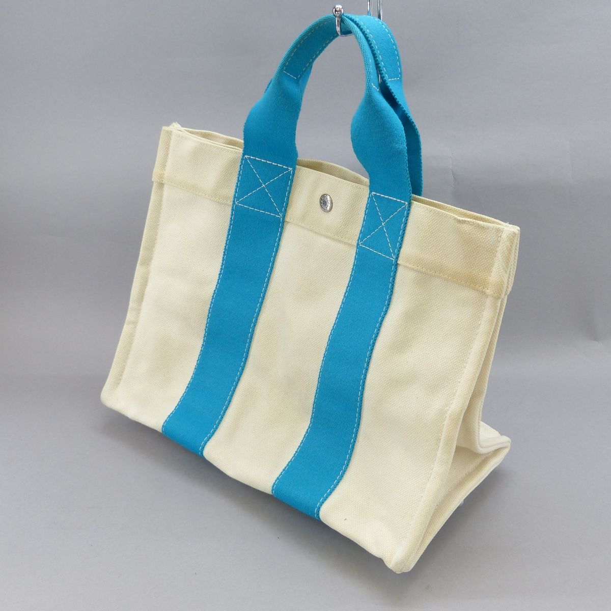 HERMES☆ボラボラPM キャンバストート 白×水色☆中古[5936