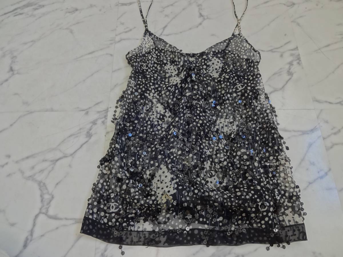 CHANEL シャネル シルク100% スパンコール付きデザインキャミソール