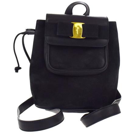 【中古】 中美品 サルヴァトーレフェラガモ Salvatore Ferragamo ヴァラ リュックサック バックパック ブラック レザー 66B110