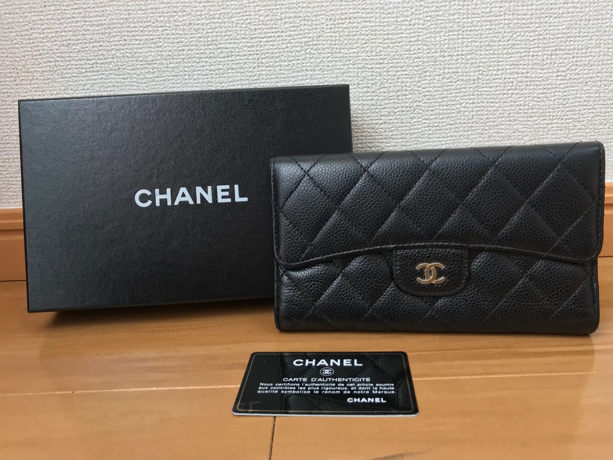 確実正規品 美品 CHANEL シャネル キャビアスキン マトラッセ 三つ折り 