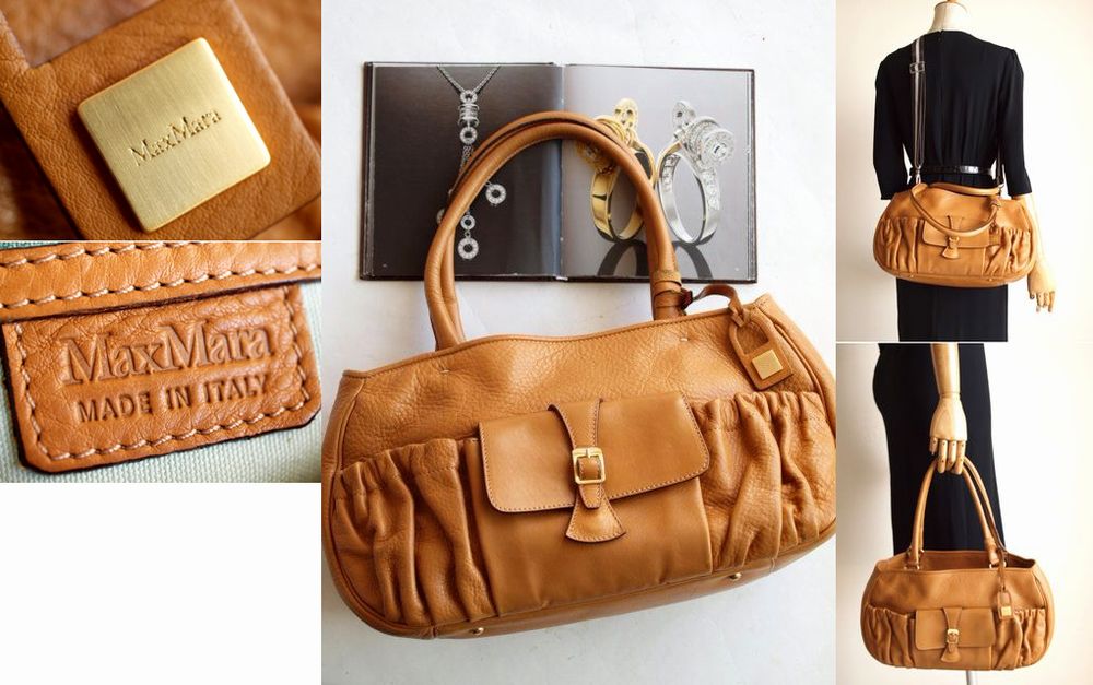 1円】MAX MARA マックマーラ☆本革ファスナー中仕切＆外ポッケ付トート