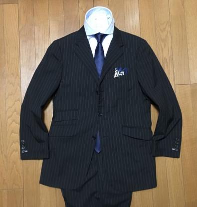 373-9.【BURBERRY BLACK LABEL(バーバリーブラックレーベル)】　春夏 最高級通年ウール　Super100，S　ストライプ　スーツ　ブラック　M位