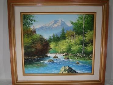 安い，豊富な 額装 油彩画 小林幸三作 上高地焼岳 風景図 山景