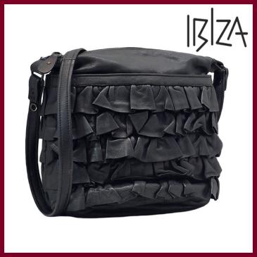 IBIZA/イビサ フリル 巾着 ハンドバッグ レザー ブラック レディース 