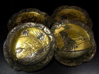 董芸】明治金工師造 銅地 玉露 美人花鳥図 花弁形茶托 煎茶道具 蔵出品