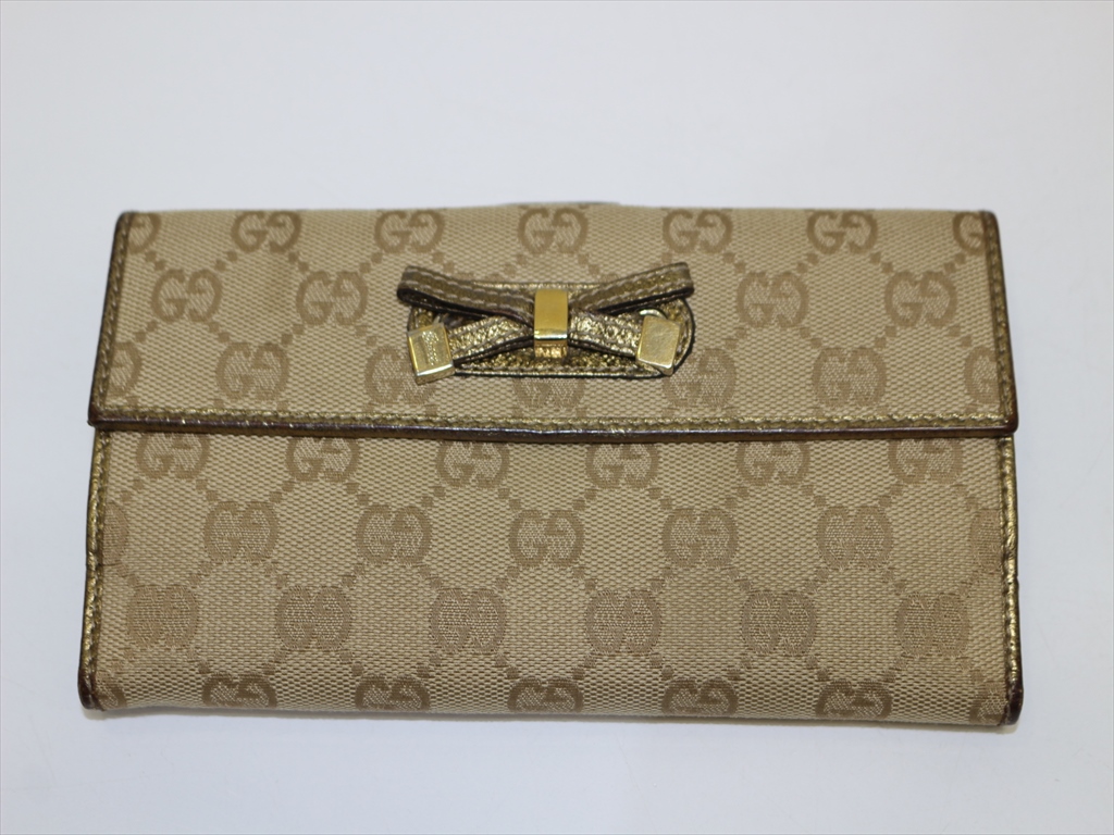 GUCCI 長財布 グッチシマ レザー リボン GG柄 シャンパンゴールド 正規